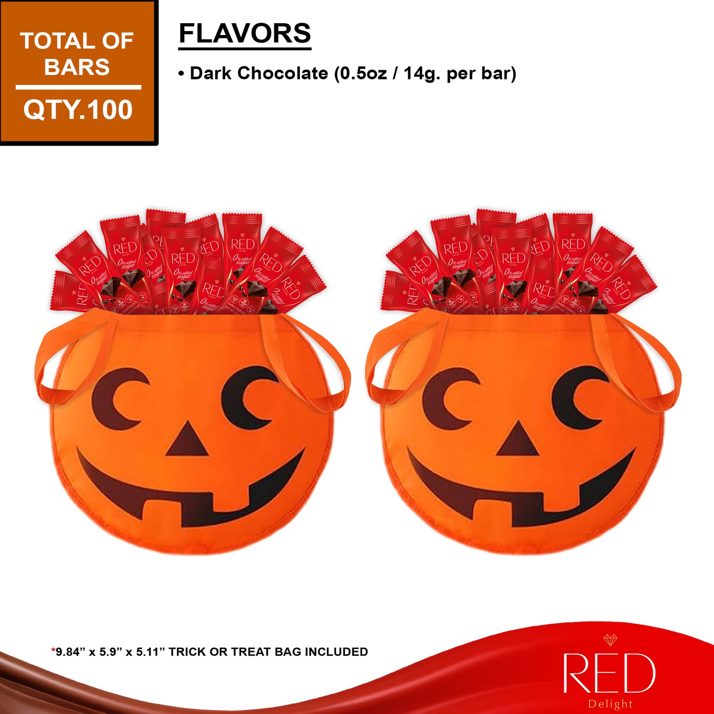RED Delight®™ 100 Count Bite Size Dark Chocolate Bars With 2 Halloween Trick or Treat Bags