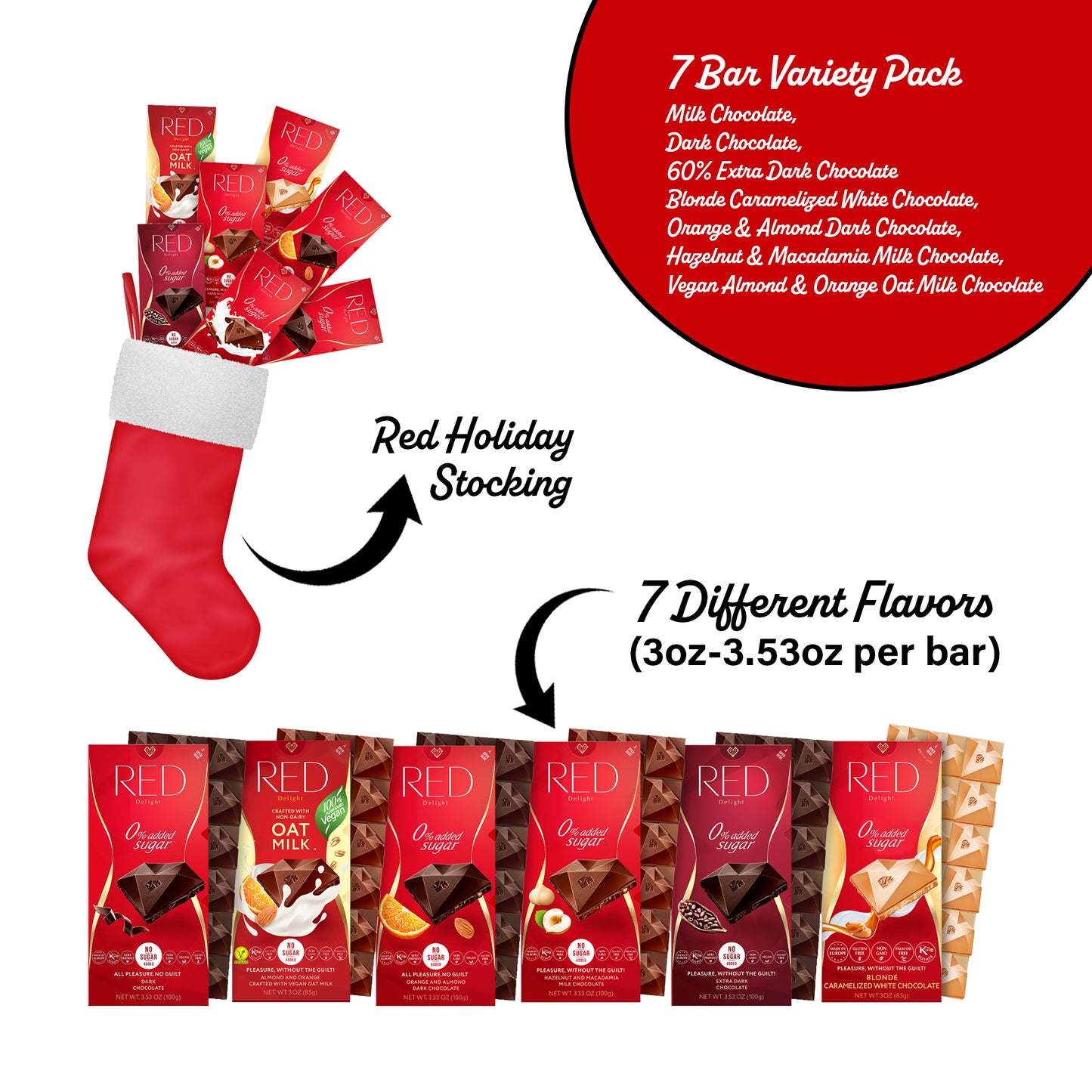 RED Delight®™ Full Size Chocolate Bar Variety Pack With A Holiday Stocking