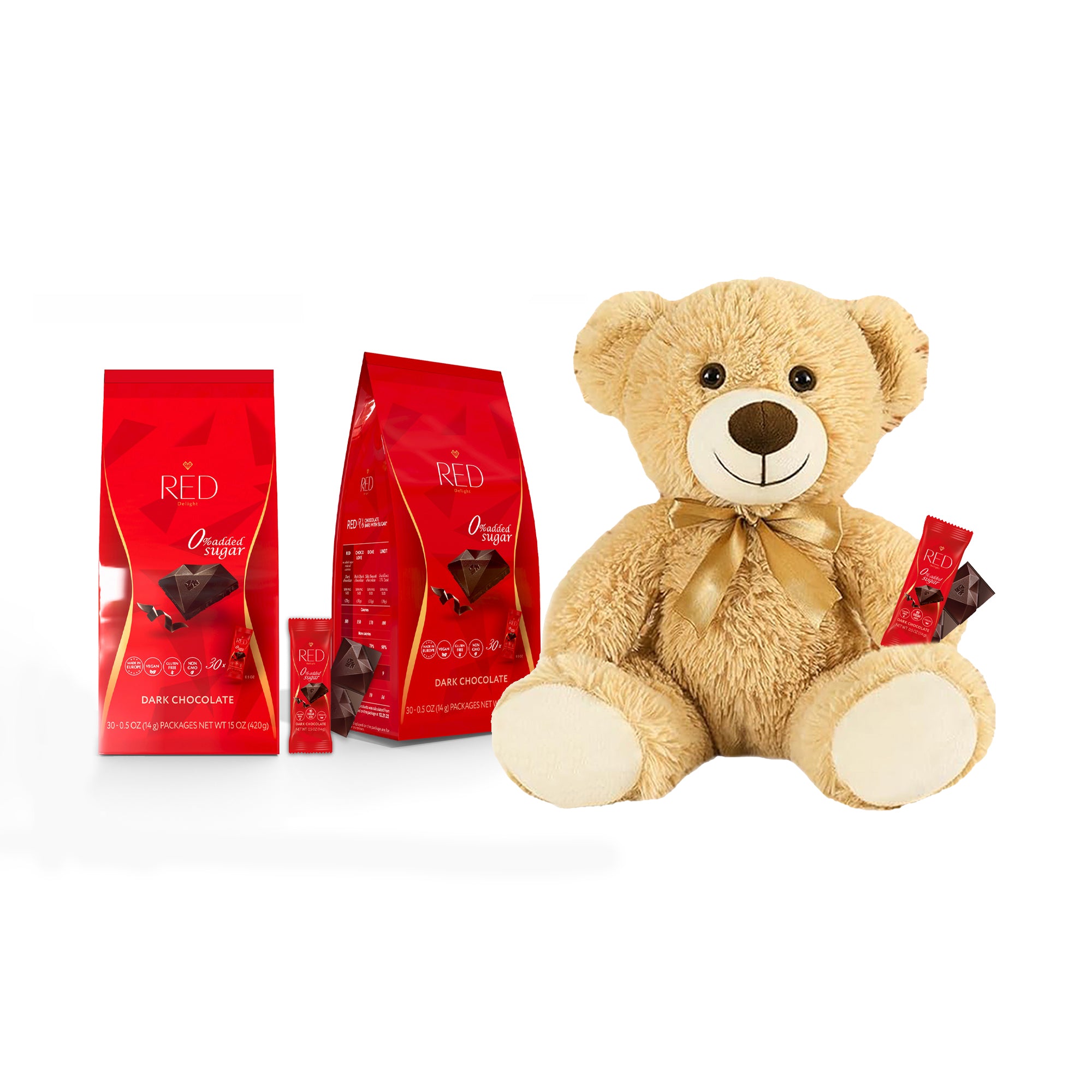 RED Delight®™ Bite Size Dark Chocolate Bars With A Plush Teddy