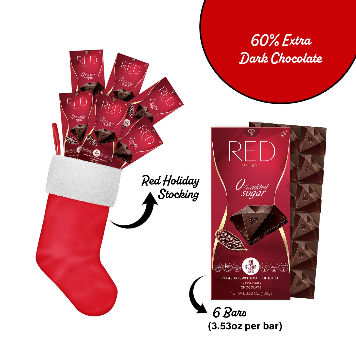 RED Delight®™ Full Size Chocolate Bars With A Holiday Stocking