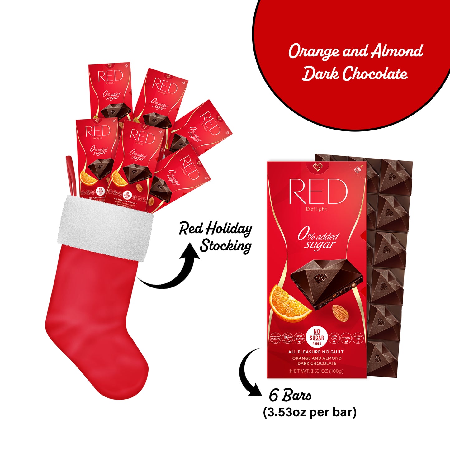 RED Delight®™ Full Size Chocolate Bars With A Holiday Stocking