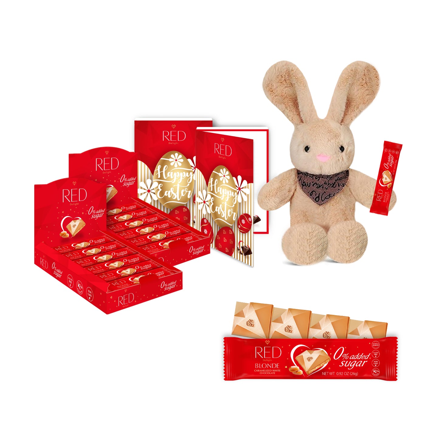 RED Delight®™ Grab N Go Chocolate Bars With Exclusive Holiday Packaging Featuring A Note Card And A Plush Easter Bunny Rabbit