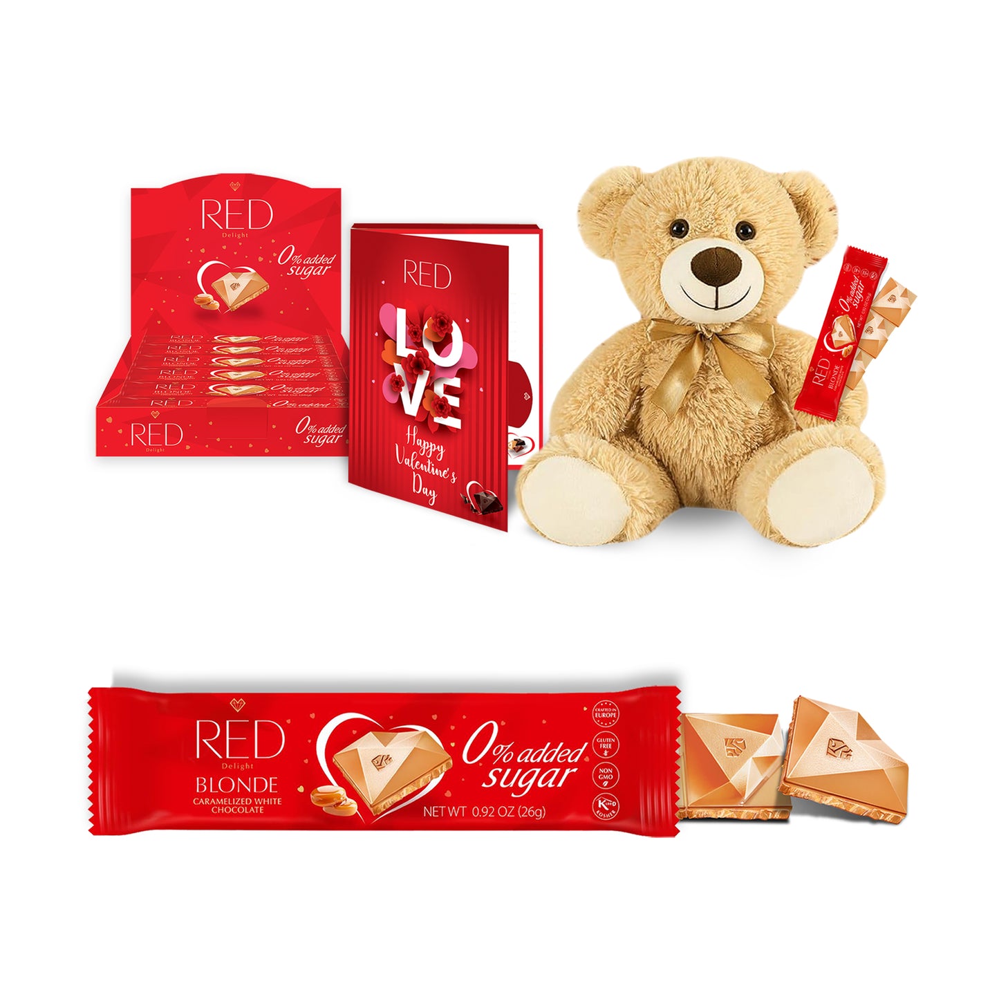 RED Delight®™ Grab N Go Chocolate Bars With Exclusive Valentine's Day Packaging Featuring A Note Card And A 14" Plush Teddy Bear