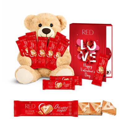 RED Delight®™ Grab N Go Chocolate Bars With Exclusive Valentine's Day Packaging Featuring A Note Card And A 14" Plush Teddy Bear