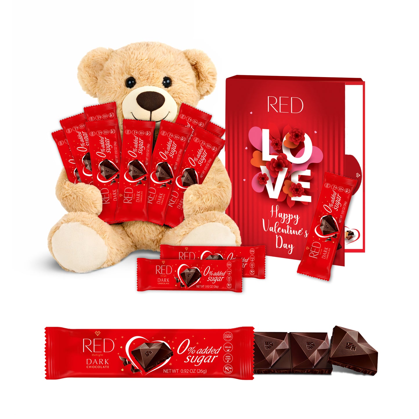 RED Delight®™ Grab N Go Chocolate Bars With Exclusive Valentine's Day Packaging Featuring A Note Card And A 14" Plush Teddy Bear