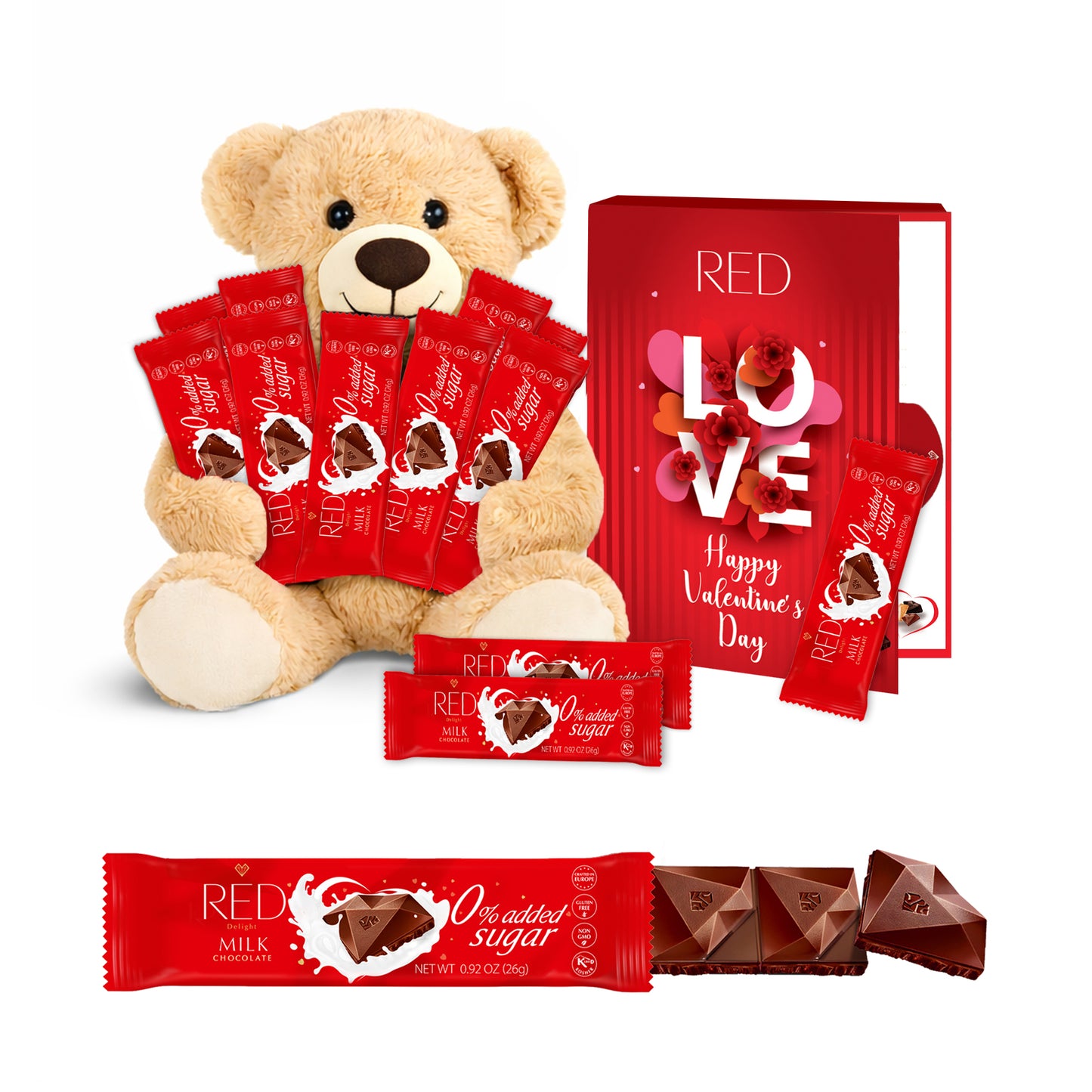 RED Delight®™ Grab N Go Chocolate Bars With Exclusive Valentine's Day Packaging Featuring A Note Card And A 14" Plush Teddy Bear