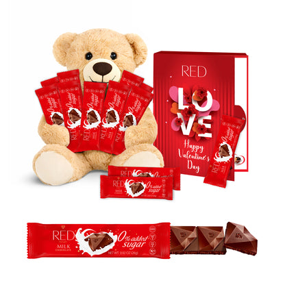 RED Delight®™ Grab N Go Chocolate Bars With Exclusive Valentine's Day Packaging Featuring A Note Card And A 14" Plush Teddy Bear