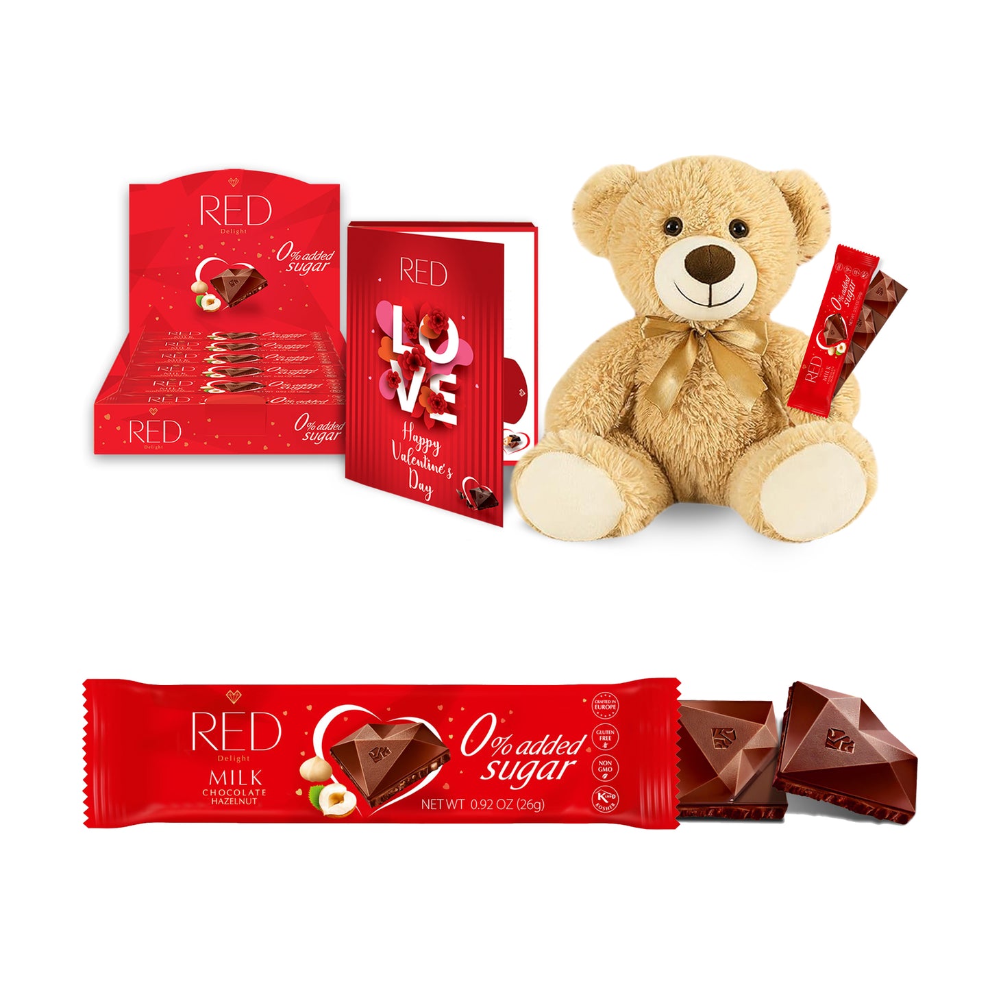RED Delight®™ Grab N Go Chocolate Bars With Exclusive Valentine's Day Packaging Featuring A Note Card And A 14" Plush Teddy Bear
