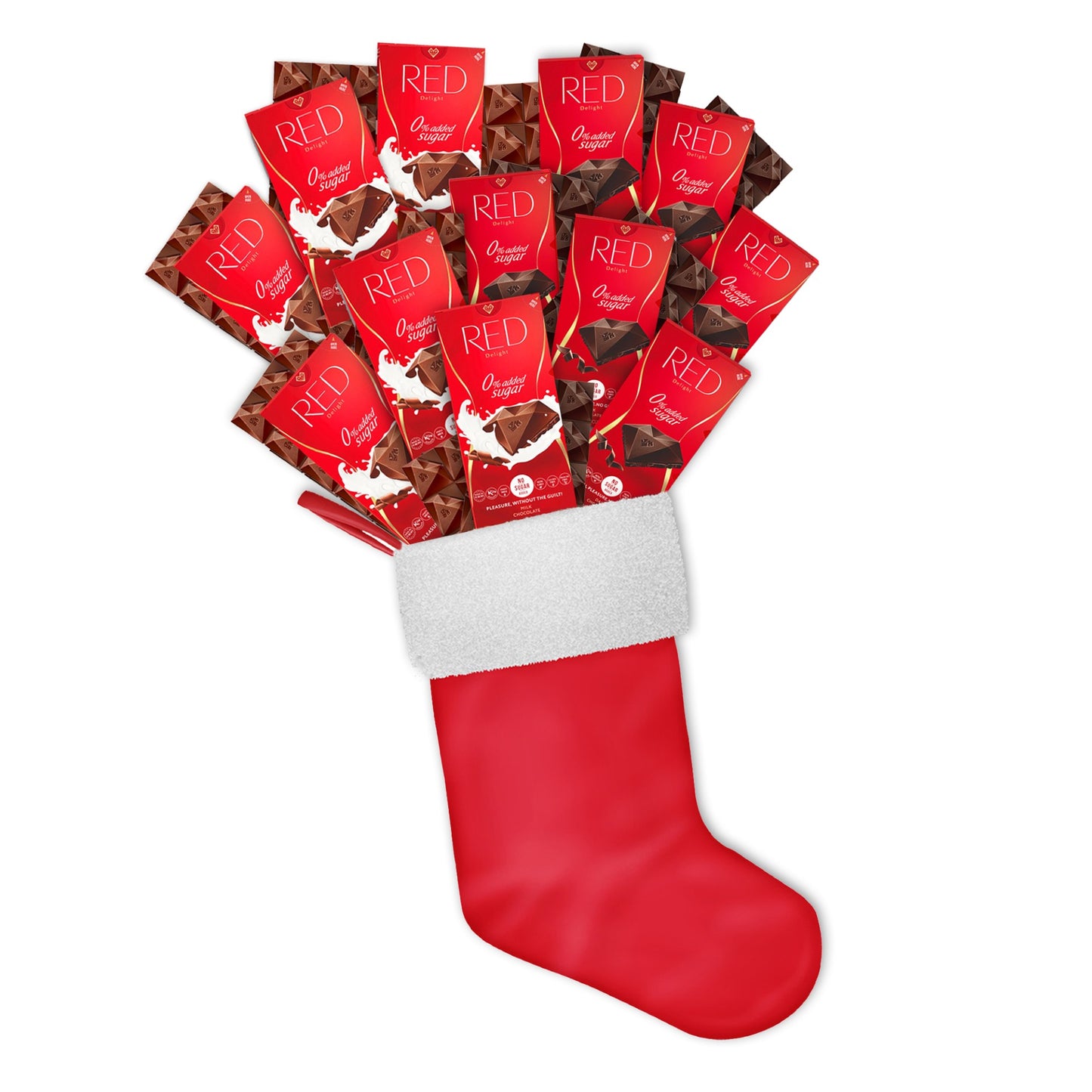 RED Delight®™ Holiday Stocking Filled With 12 Full Size Chocolate Bars